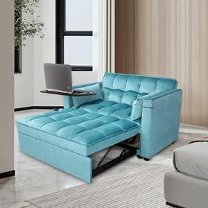 ORRD Convertible Sofa Bed, 3-in-1 Multi-Functional Faux Leather Sleeper Couch Pull-Out Bed, 48'' Loveseat Bed Chaise Lounge with Adjustable Backrest and Hidden Side Table for Living Room, Small Space