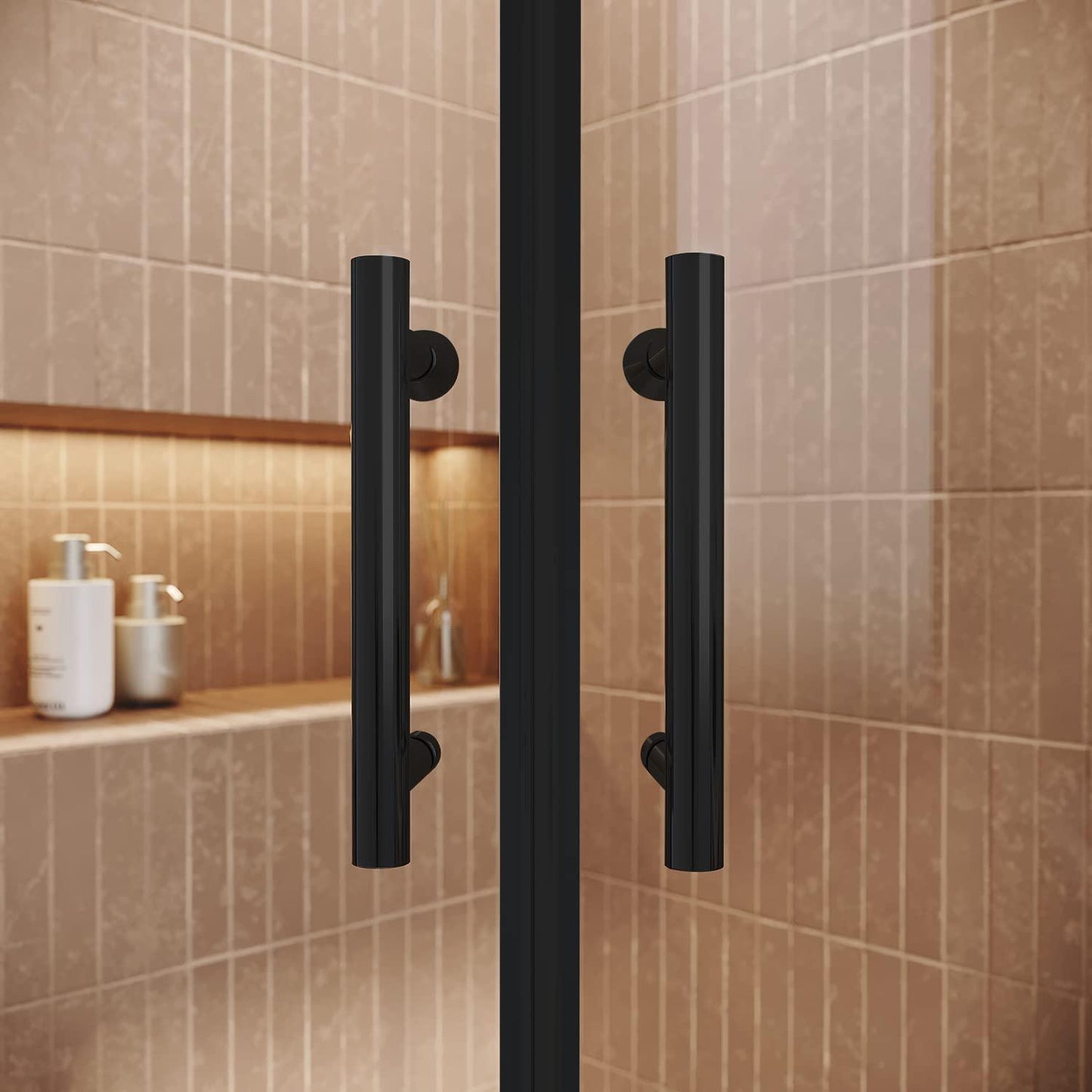 SUNNY SHOWER Double Sliding Shower Door 36.7 in. D x 36.7 in. W x 72 in.H Round Corner Shower doors with 1/4 in. Clear Glass Framed Shower Enclosure with Black Finish with Shower Base