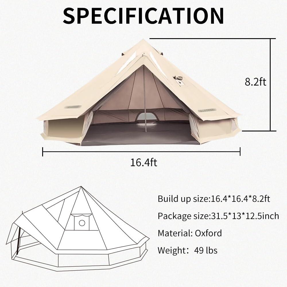 Bell Tent Yurt with Stove Jack 16.4ft*High 8.2ft 300D Oxford 6 Person Glamping Tent for Camping