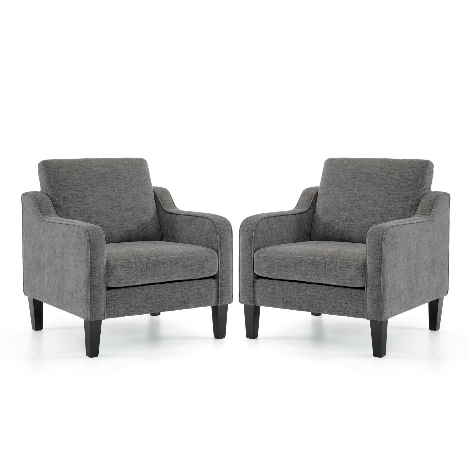 VINGLI Modern Accent Chairs Set of 2,Comfy Grey Armchair for Bedroom,Living Room Upholstered Sofa Chair Reading Chair for Small Spaces.