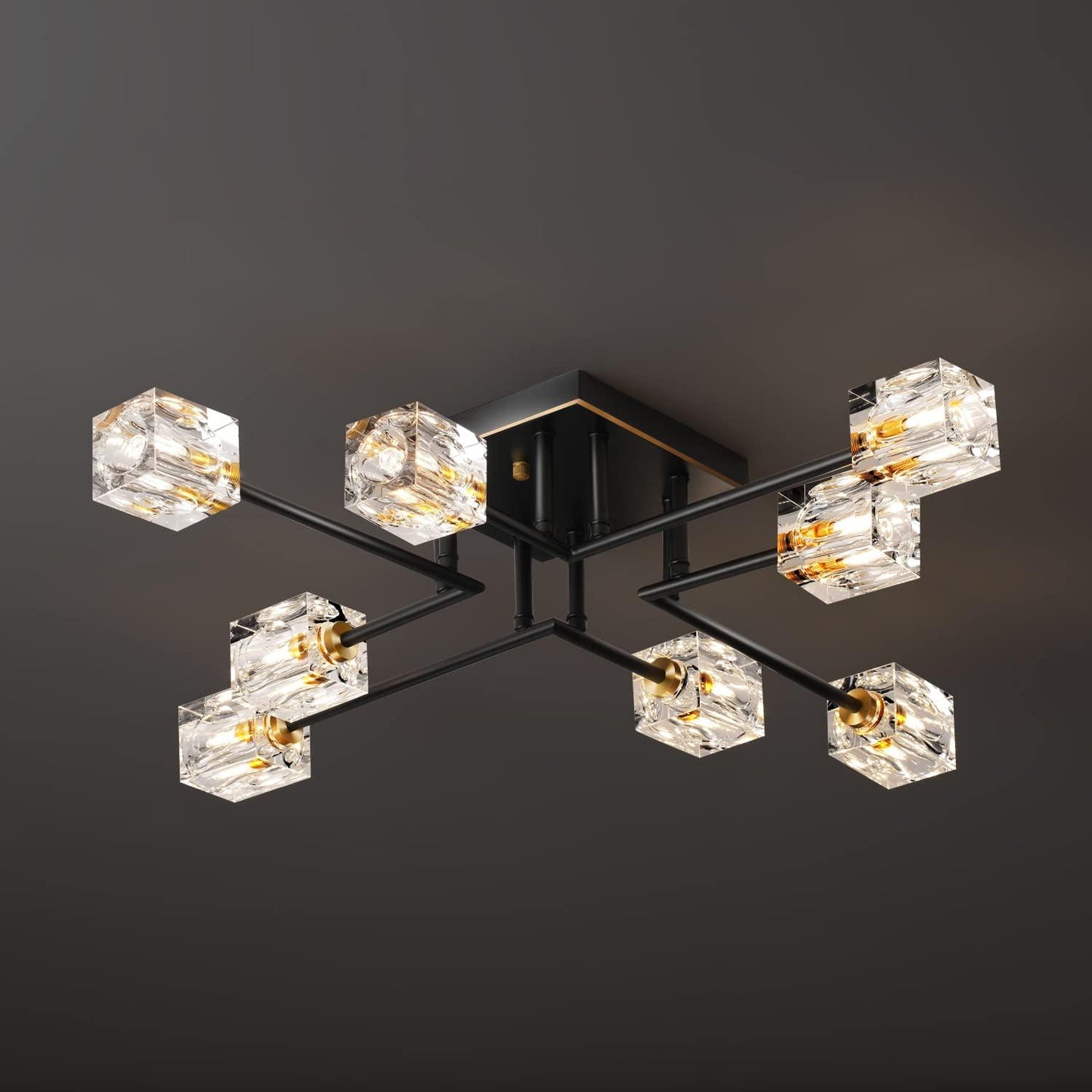 8-Lights Semi Flush Mount Ceiling Light Fixture,Black and Gold Modern Crystal Chandeliers,Farmhouse Lighting Fixtures for Dining Room Living Room Kitchen Bedroom Entryway.