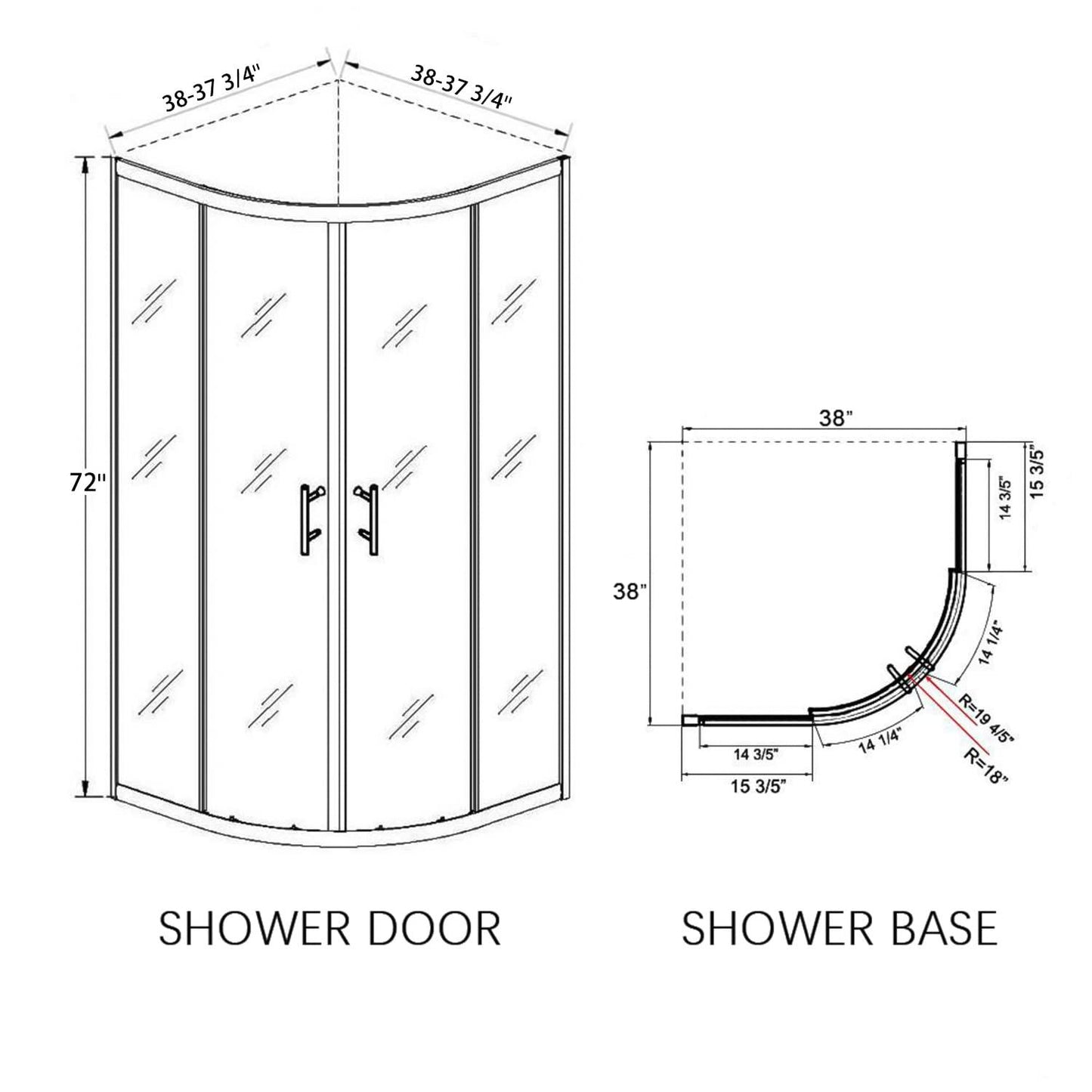 SUNNY SHOWER Double Sliding Shower Door 36.7 in. D x 36.7 in. W x 72 in.H Round Corner Shower doors with 1/4 in. Clear Glass Framed Shower Enclosure with Black Finish with Shower Base