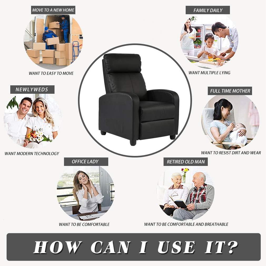 FDW Recliner Chair for Living Room Home Theater Seating Single Reclining Sofa Lounge with Padded Seat Backrest (Black).