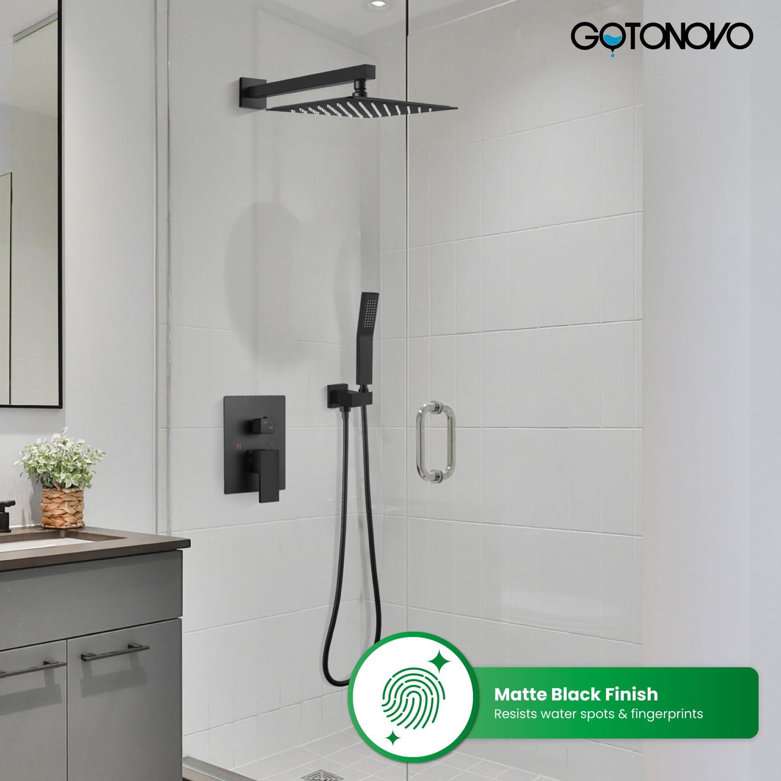 gotonovo Rainfall Bathroom Shower System Rain Shower Head and Handle Set Wall Mounted Shower Complete Combo Solid Brass Pressure Balancing Shower Mixer Valve 10 Inch Matte Black.