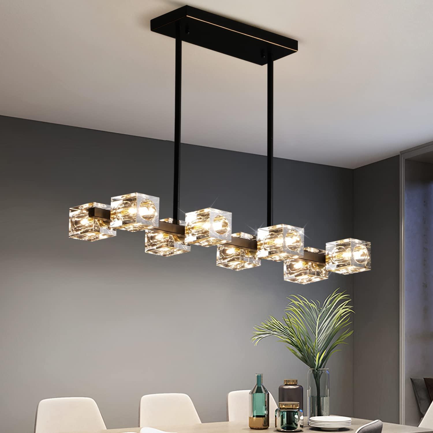 8-Lights Semi Flush Mount Ceiling Light Fixture,Black and Gold Modern Crystal Chandeliers,Farmhouse Lighting Fixtures for Dining Room Living Room Kitchen Bedroom Entryway.