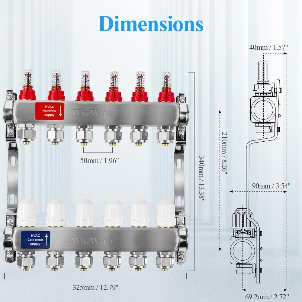 7 Loop PEX/Radiant Manifold, PEX Tubing Radiant Heat Manifolds with Compatible Outlets, for Hydronic Radiant Floor Heating (Include 1/2'' adapters)