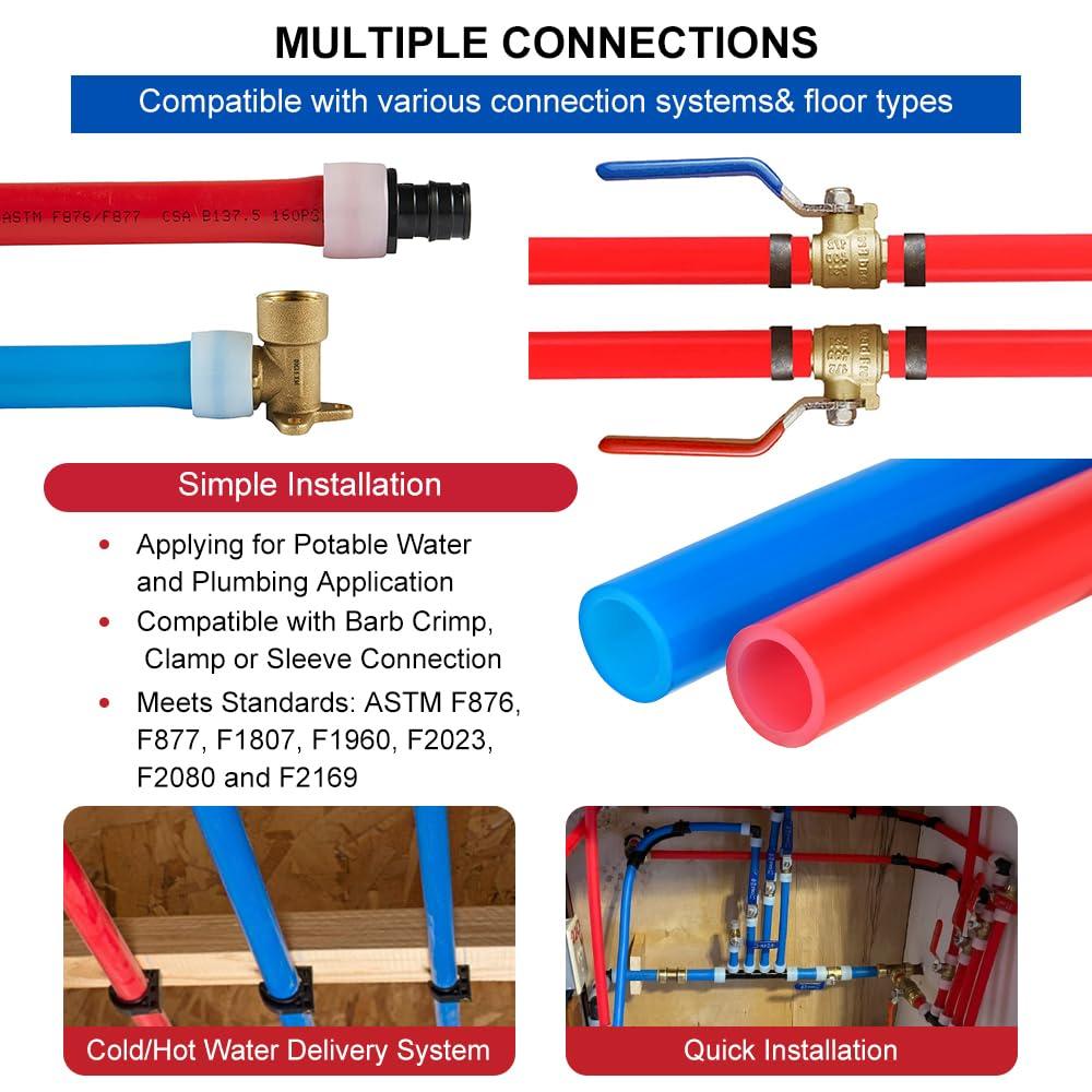 EFIELD 1/2-inch 2 x100 ft Pex-A Tubing/Pipe （All in One） Red & Blue 200 ft， 30 PCS 1/2" Brass Expansion pex Fittings- Elbow Tee Coupler (30 PCS), 1/2' Expansion Rings (100 Pcs), Pipe Cutter (1/2-inch).