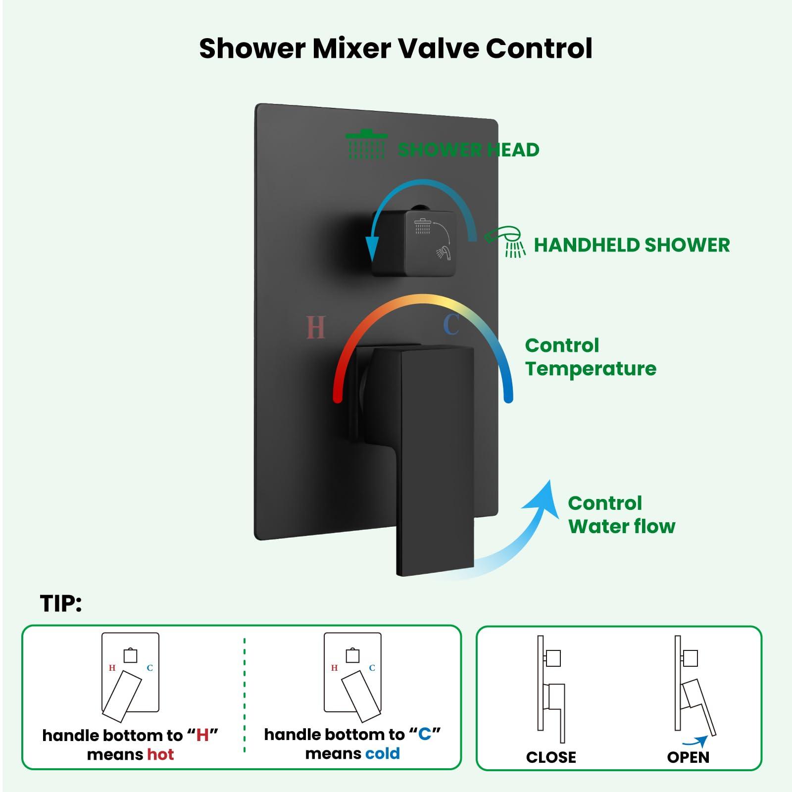 gotonovo Rainfall Bathroom Shower System Rain Shower Head and Handle Set Wall Mounted Shower Complete Combo Solid Brass Pressure Balancing Shower Mixer Valve 10 Inch Matte Black