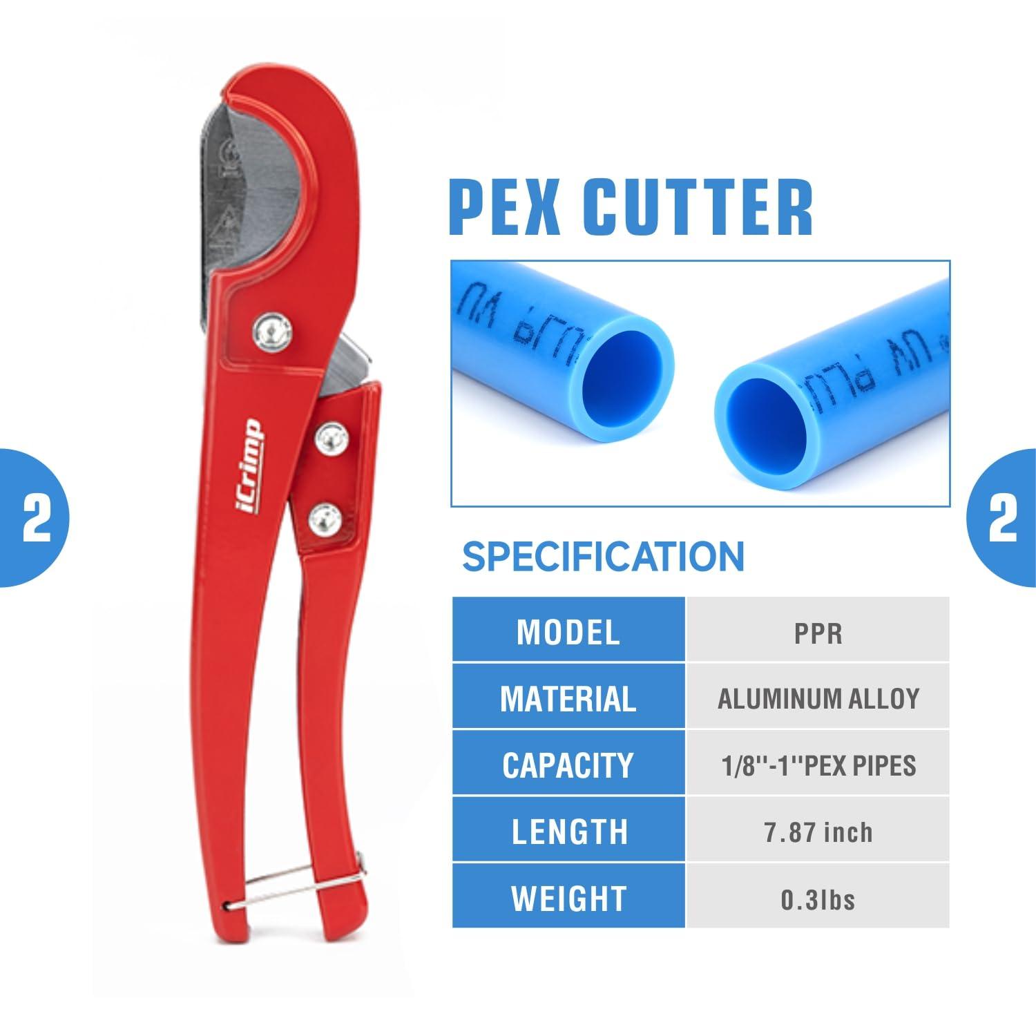 iCrimp PEX Clamp Tool Kit for 3/8-in, 1/2-in, 3/4-in, 1-in PEX Clamp Cinch & Removal, c/w 1/2''(20 Pack) and 3/4''(10 Pack) PEX Clamp Rings, PEX Tubing Cutter.