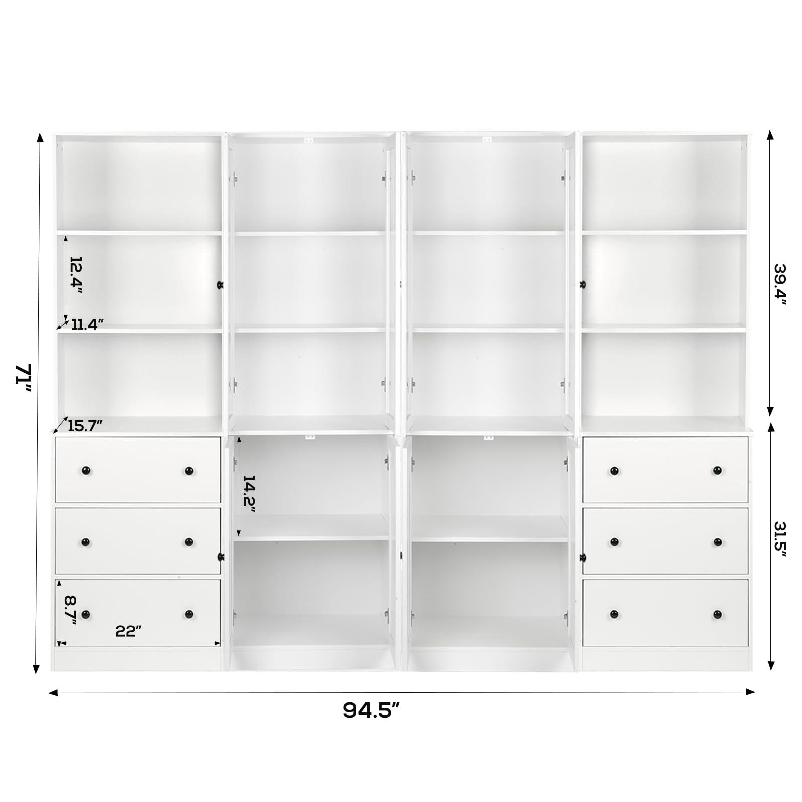 VOWNER Vertical File Cabinet, 3-Tier Modern Bookshelf with 3 Large Drawer, Wood Filing Cabinet with Open Storage Shelf, Glass Doors and Fixed Storage Shelves for Home Office, White.