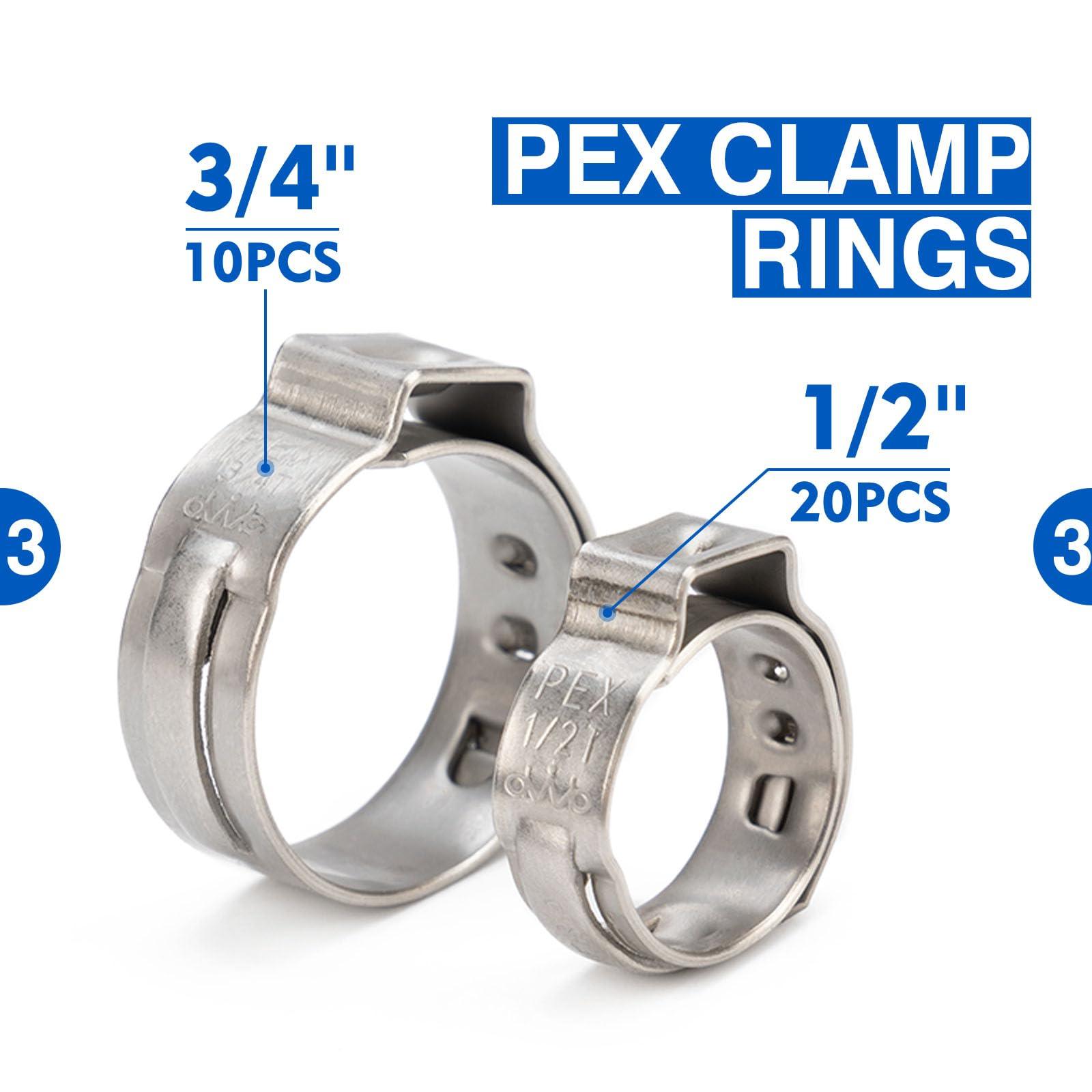 iCrimp PEX Clamp Tool Kit for 3/8-in, 1/2-in, 3/4-in, 1-in PEX Clamp Cinch & Removal, c/w 1/2''(20 Pack) and 3/4''(10 Pack) PEX Clamp Rings, PEX Tubing Cutter.