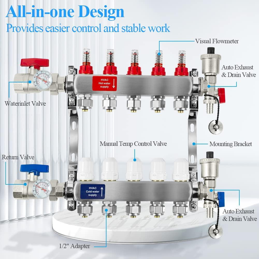 7 Loop PEX/Radiant Manifold, PEX Tubing Radiant Heat Manifolds with Compatible Outlets, for Hydronic Radiant Floor Heating (Include 1/2'' adapters).