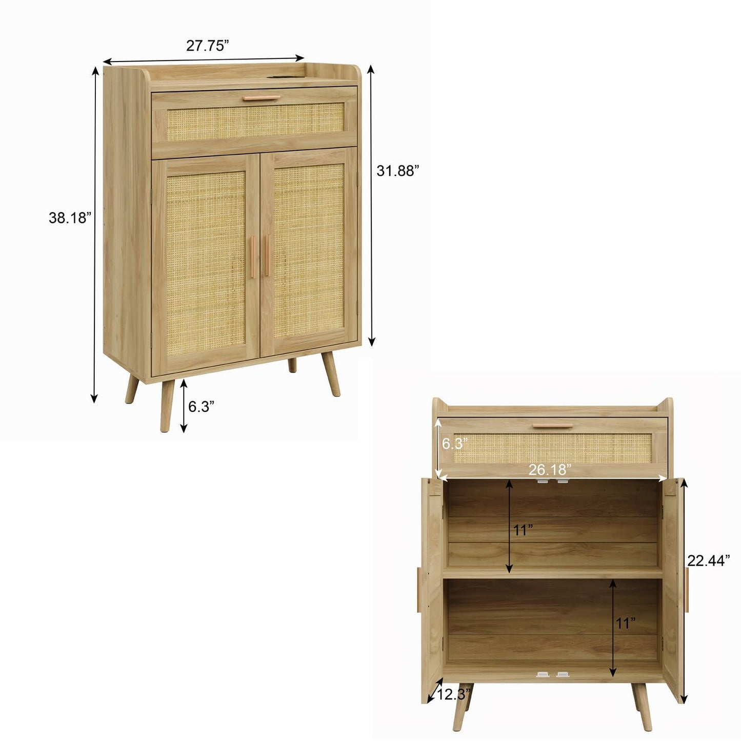 Storage Cabinet with Charging Station, Rattan Cabinet with Large Drawer, Bathroom Storage Cabinet for Living Room, Entryway, Kitchen, Nature.