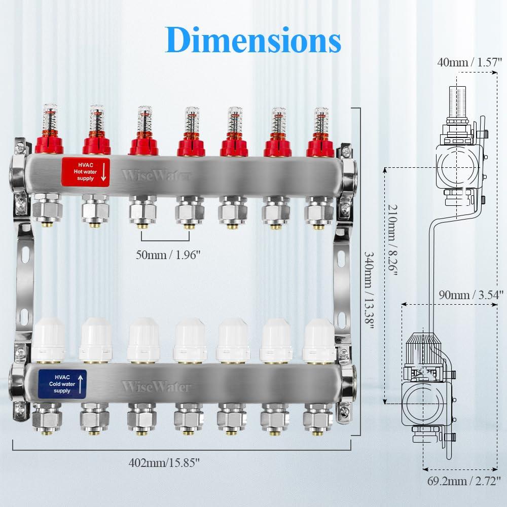 7 Loop PEX/Radiant Manifold, PEX Tubing Radiant Heat Manifolds with Compatible Outlets, for Hydronic Radiant Floor Heating (Include 1/2'' adapters).