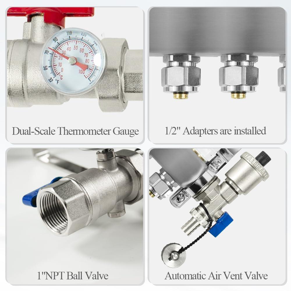 7 Loop PEX/Radiant Manifold, PEX Tubing Radiant Heat Manifolds with Compatible Outlets, for Hydronic Radiant Floor Heating (Include 1/2'' adapters).