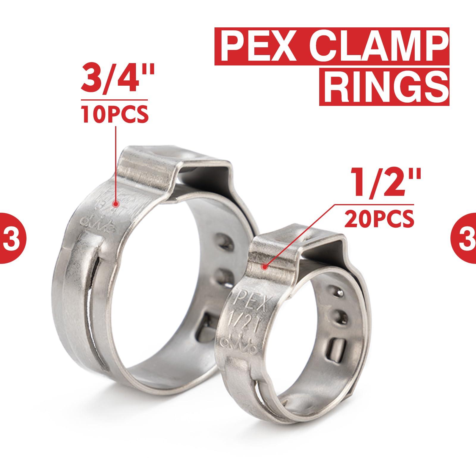 iCrimp PEX Clamp Tool Kit for 3/8-in, 1/2-in, 3/4-in, 1-in PEX Clamp Cinch & Removal, c/w 1/2''(20 Pack) and 3/4''(10 Pack) PEX Clamp Rings, PEX Tubing Cutter