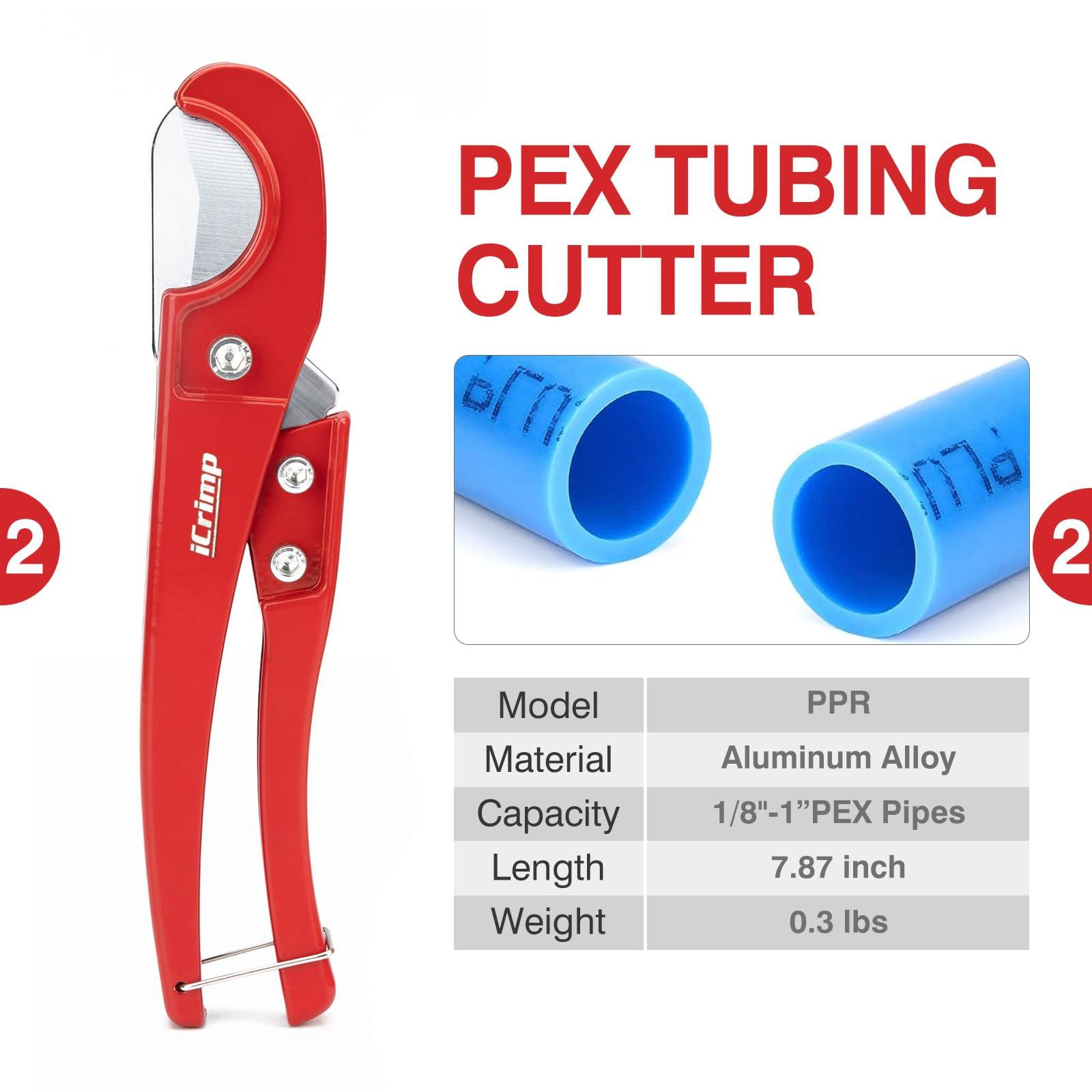 iCrimp PEX Clamp Tool Kit for 3/8-in, 1/2-in, 3/4-in, 1-in PEX Clamp Cinch & Removal, c/w 1/2''(20 Pack) and 3/4''(10 Pack) PEX Clamp Rings, PEX Tubing Cutter