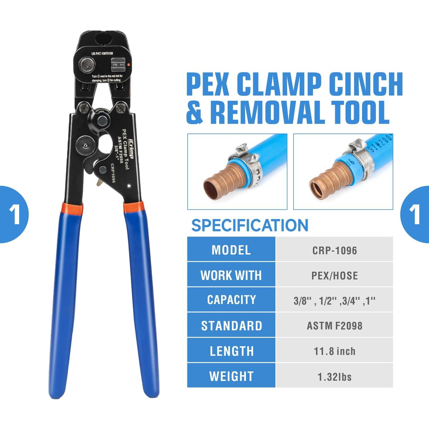 iCrimp PEX Clamp Tool Kit for 3/8-in, 1/2-in, 3/4-in, 1-in PEX Clamp Cinch & Removal, c/w 1/2''(20 Pack) and 3/4''(10 Pack) PEX Clamp Rings, PEX Tubing Cutter.