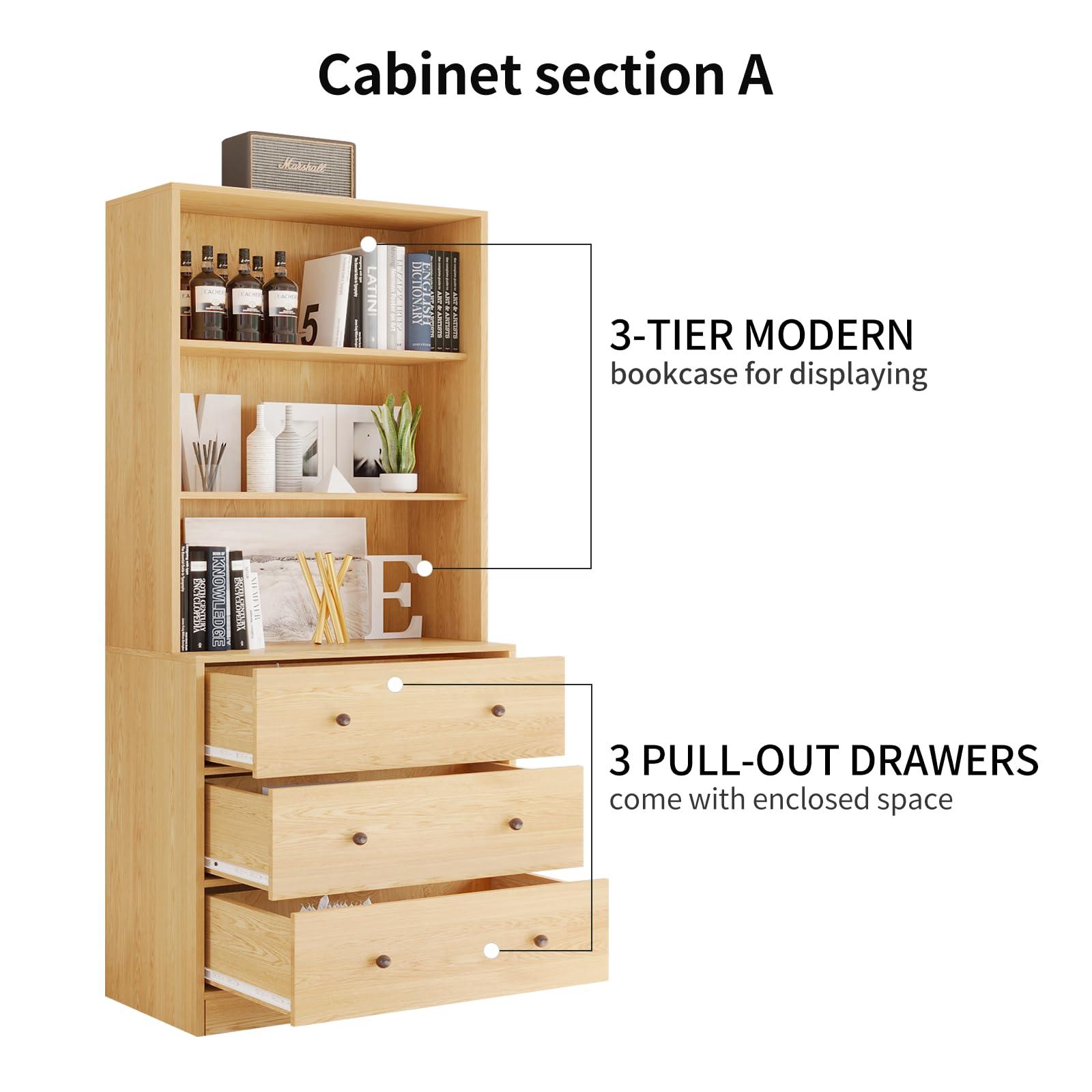 VOWNER Vertical File Cabinet, 3-Tier Modern Bookshelf with 3 Large Drawer, Wood Filing Cabinet with Open Storage Shelf, Glass Doors and Fixed Storage Shelves for Home Office, White.