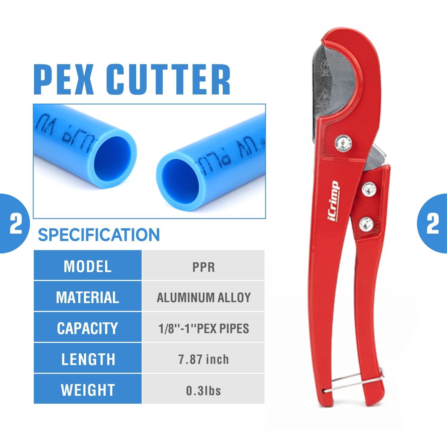 iCrimp PEX Clamp Tool Kit for 3/8-in, 1/2-in, 3/4-in, 1-in PEX Clamp Cinch & Removal, c/w 1/2''(20 Pack) and 3/4''(10 Pack) PEX Clamp Rings, PEX Tubing Cutter