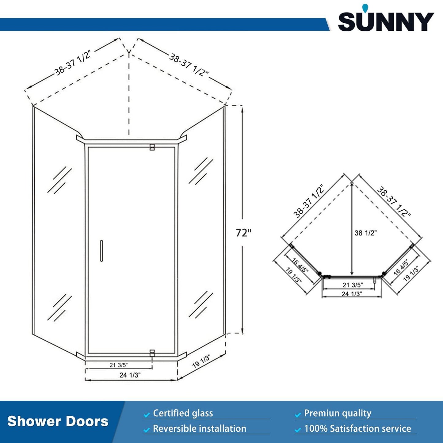 SUNNY SHOWER Double Sliding Shower Door 36.7 in. D x 36.7 in. W x 72 in.H Round Corner Shower doors with 1/4 in. Clear Glass Framed Shower Enclosure with Black Finish with Shower Base