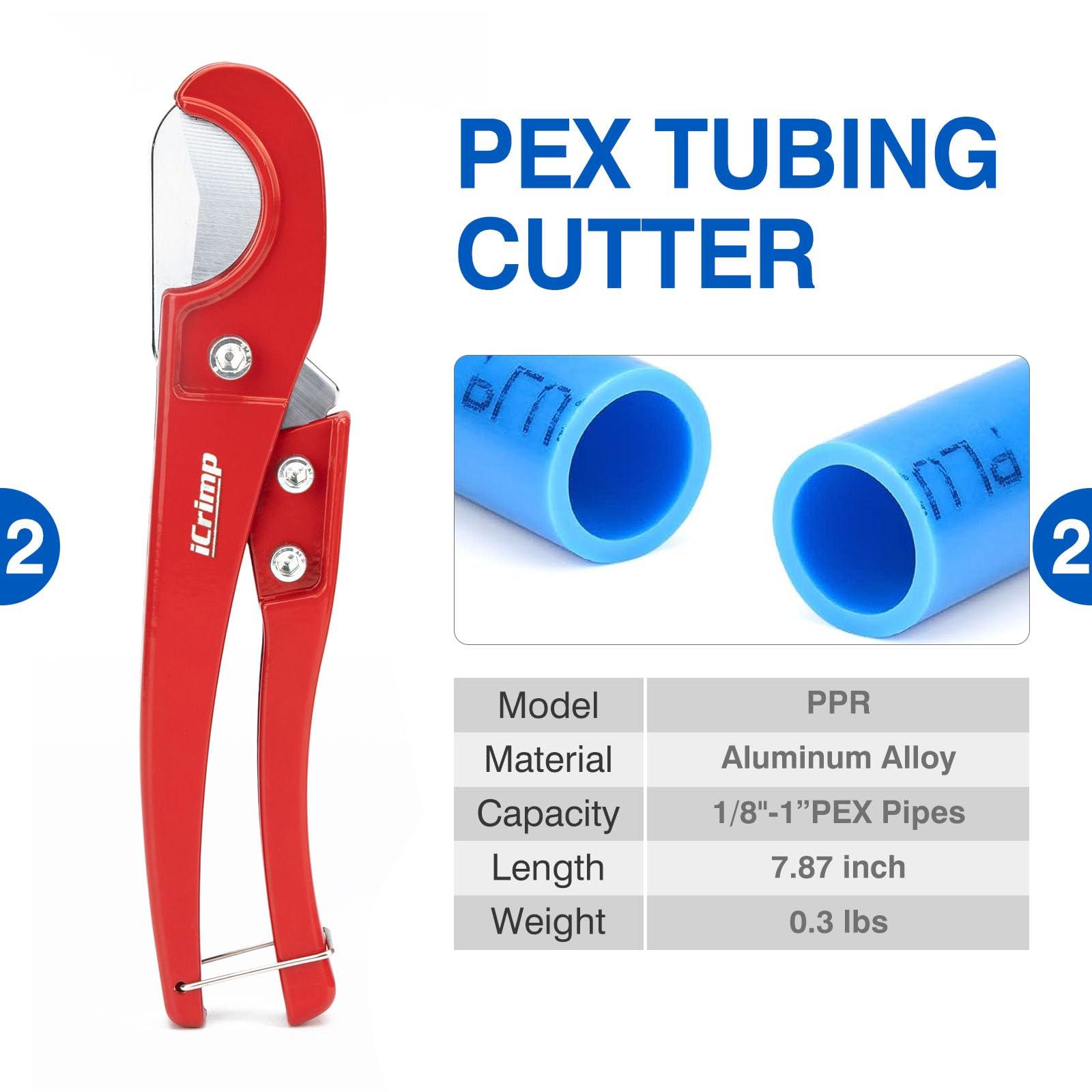 iCrimp PEX Clamp Tool Kit for 3/8-in, 1/2-in, 3/4-in, 1-in PEX Clamp Cinch & Removal, c/w 1/2''(20 Pack) and 3/4''(10 Pack) PEX Clamp Rings, PEX Tubing Cutter.