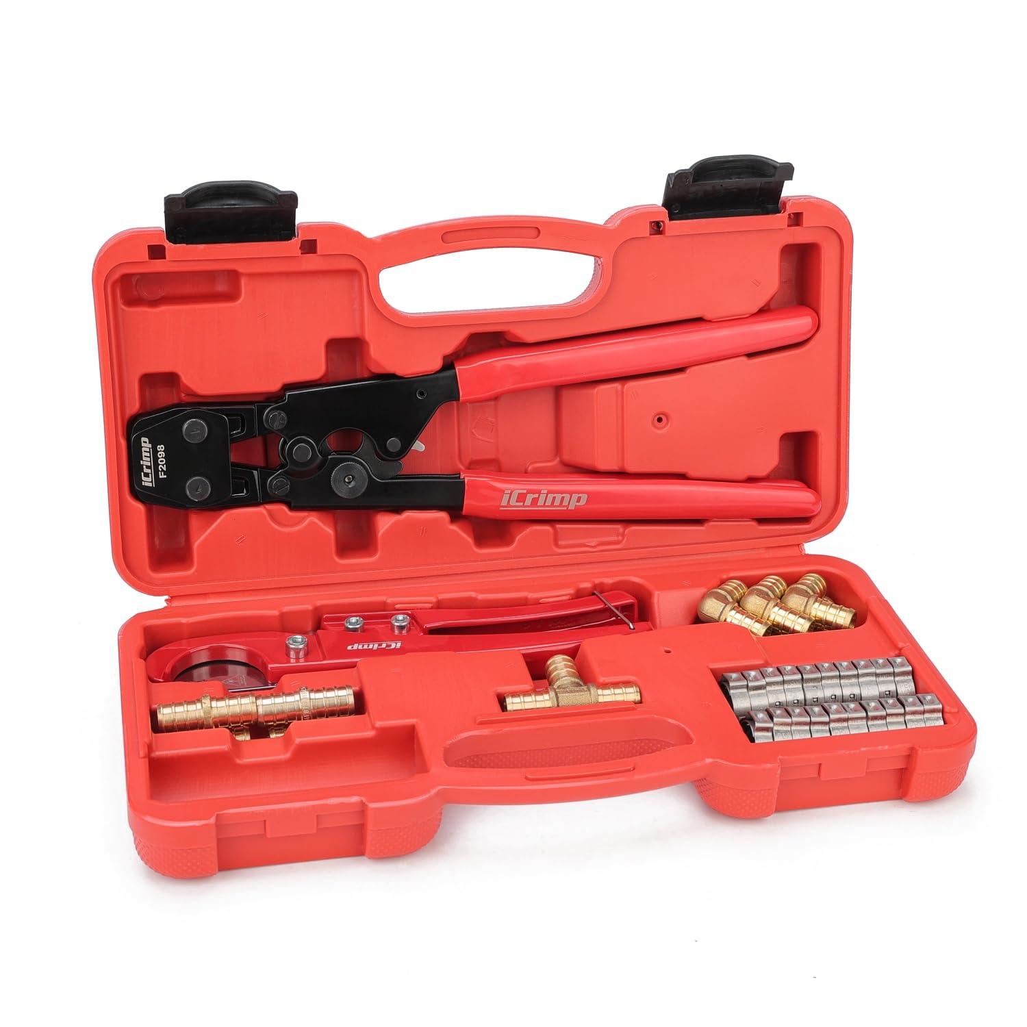 iCrimp PEX Clamp Tool Kit for 3/8-in, 1/2-in, 3/4-in, 1-in PEX Clamp Cinch & Removal, c/w 1/2''(20 Pack) and 3/4''(10 Pack) PEX Clamp Rings, PEX Tubing Cutter.