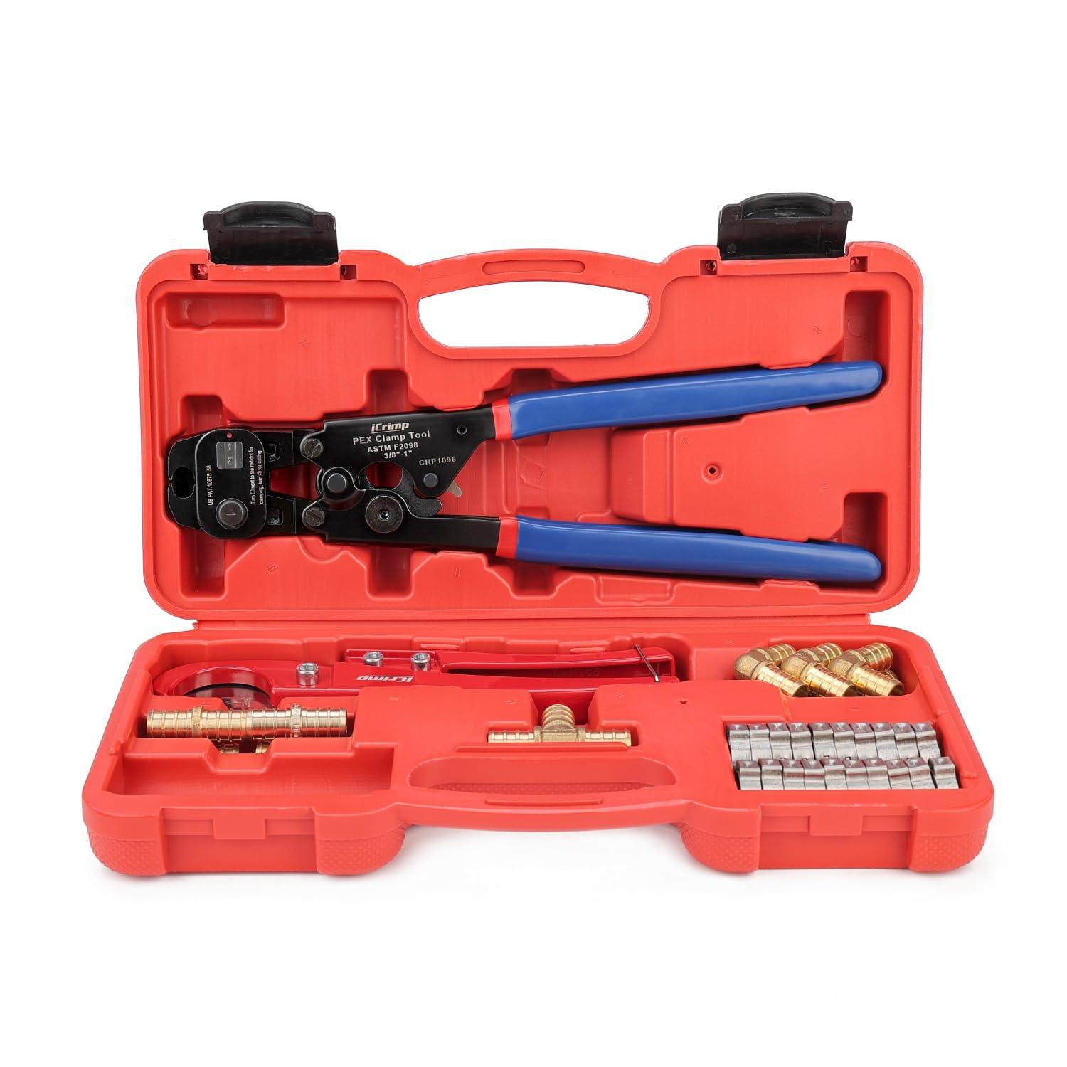 iCrimp PEX Clamp Tool Kit for 3/8-in, 1/2-in, 3/4-in, 1-in PEX Clamp Cinch & Removal, c/w 1/2''(20 Pack) and 3/4''(10 Pack) PEX Clamp Rings, PEX Tubing Cutter.