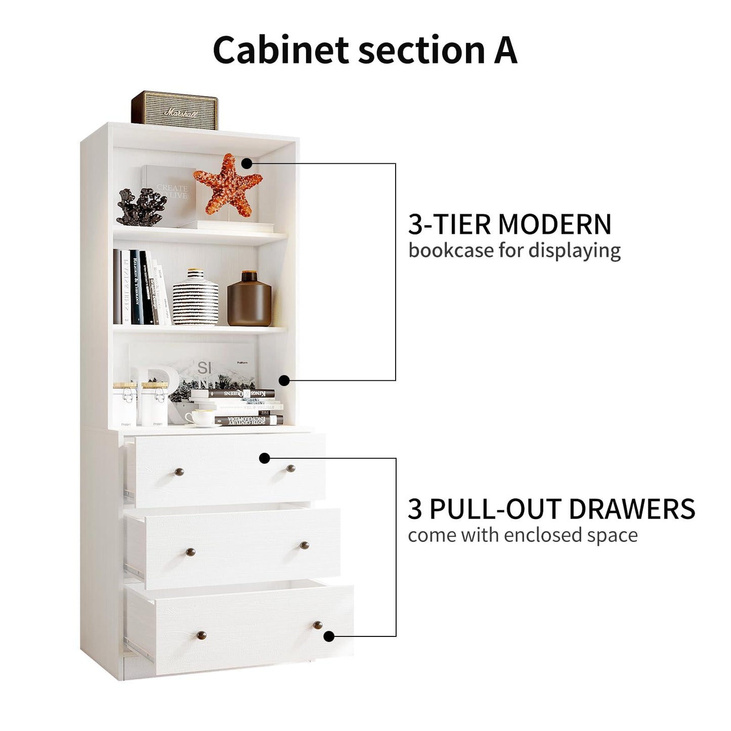 VOWNER Vertical File Cabinet, 3-Tier Modern Bookshelf with 3 Large Drawer, Wood Filing Cabinet with Open Storage Shelf, Glass Doors and Fixed Storage Shelves for Home Office, White.