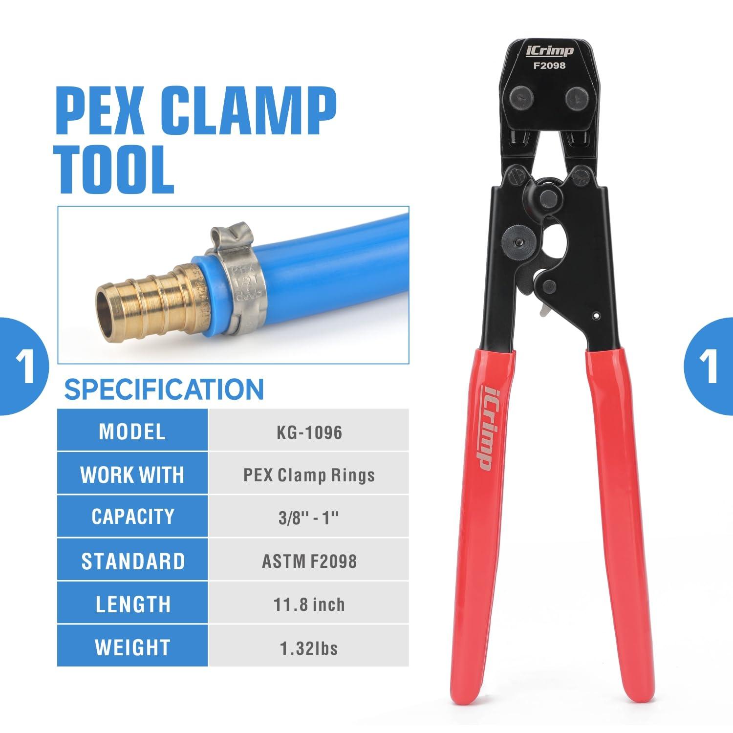 iCrimp PEX Clamp Tool Kit for 3/8-in, 1/2-in, 3/4-in, 1-in PEX Clamp Cinch & Removal, c/w 1/2''(20 Pack) and 3/4''(10 Pack) PEX Clamp Rings, PEX Tubing Cutter