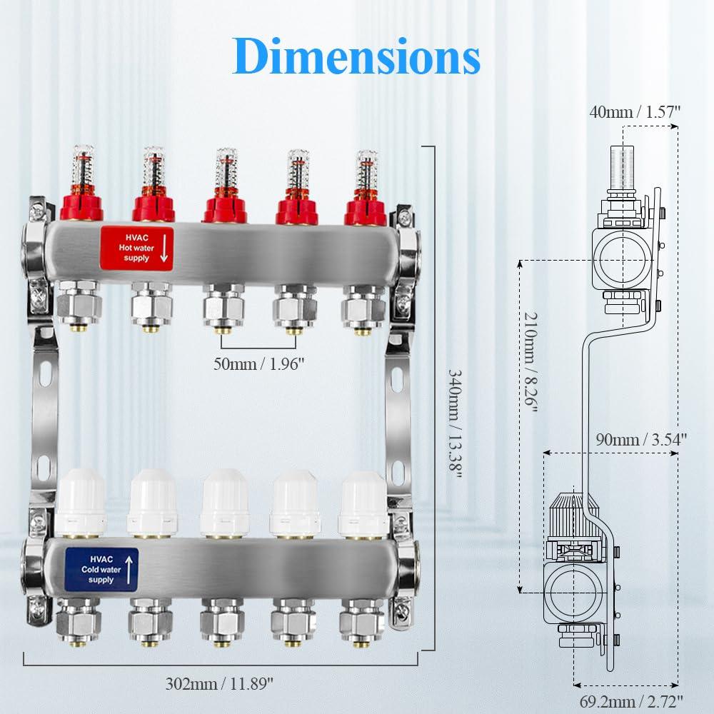 7 Loop PEX/Radiant Manifold, PEX Tubing Radiant Heat Manifolds with Compatible Outlets, for Hydronic Radiant Floor Heating (Include 1/2'' adapters).