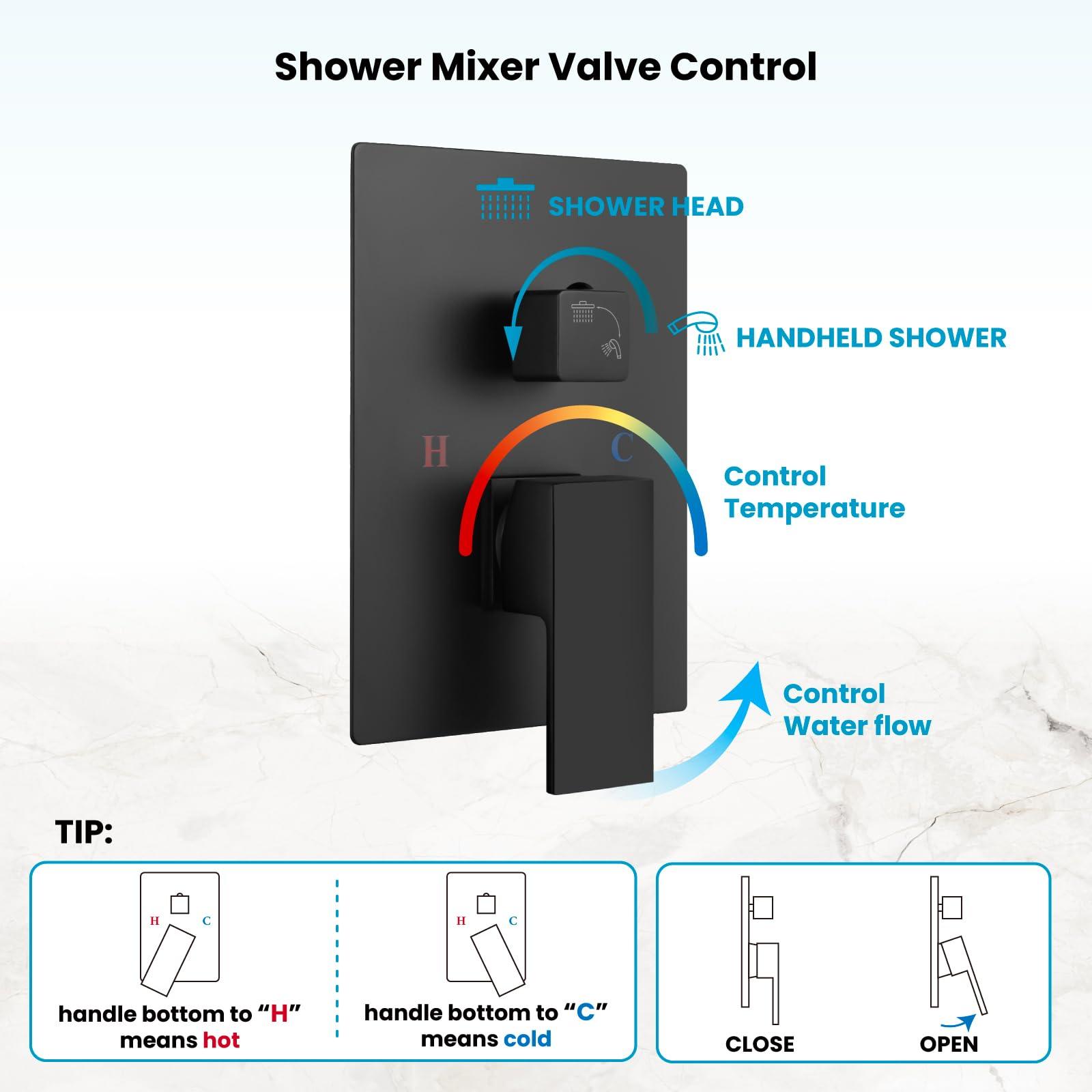 gotonovo Rainfall Bathroom Shower System Rain Shower Head and Handle Set Wall Mounted Shower Complete Combo Solid Brass Pressure Balancing Shower Mixer Valve 10 Inch Matte Black