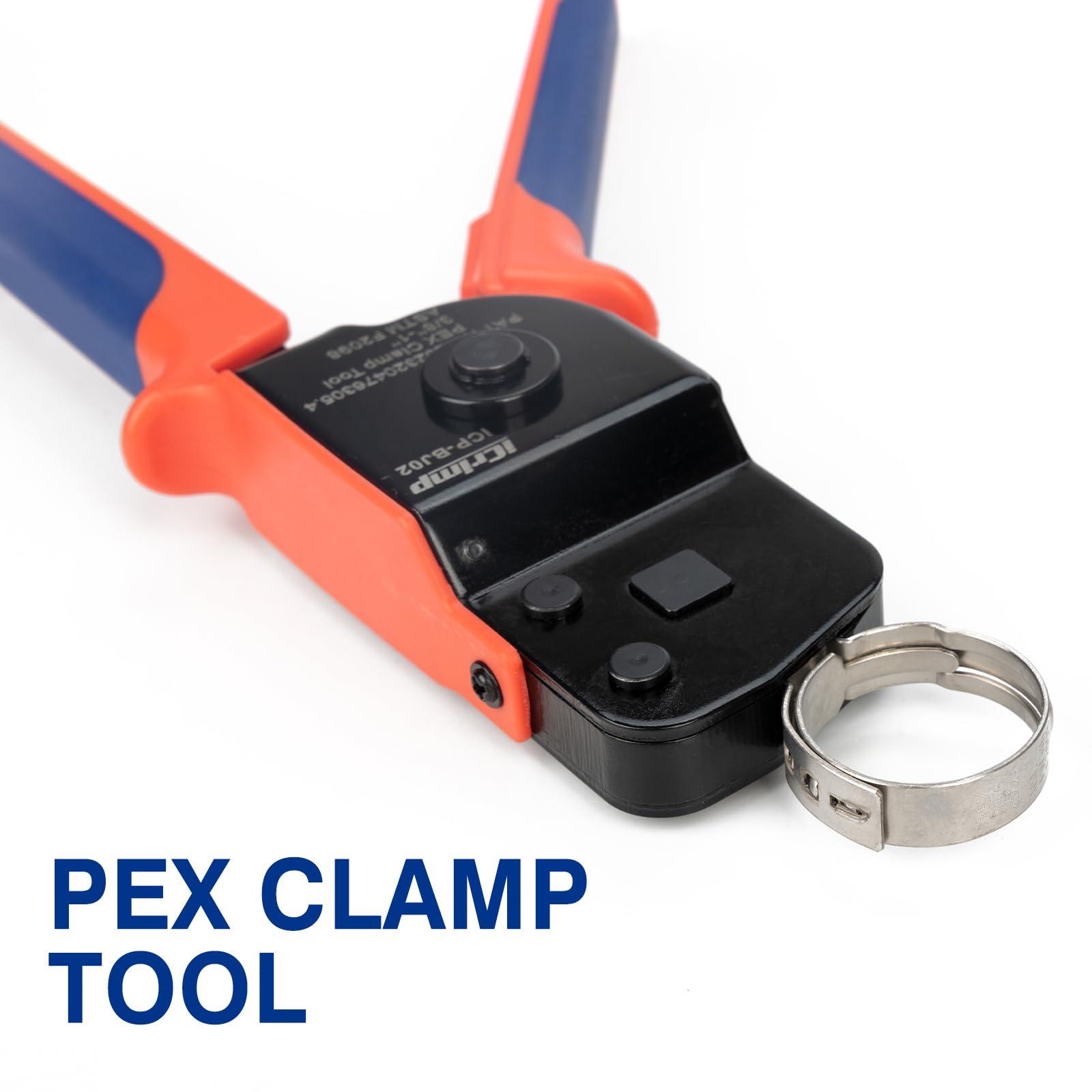 iCrimp PEX Clamp Tool Kit for 3/8-in, 1/2-in, 3/4-in, 1-in PEX Clamp Cinch & Removal, c/w 1/2''(20 Pack) and 3/4''(10 Pack) PEX Clamp Rings, PEX Tubing Cutter.