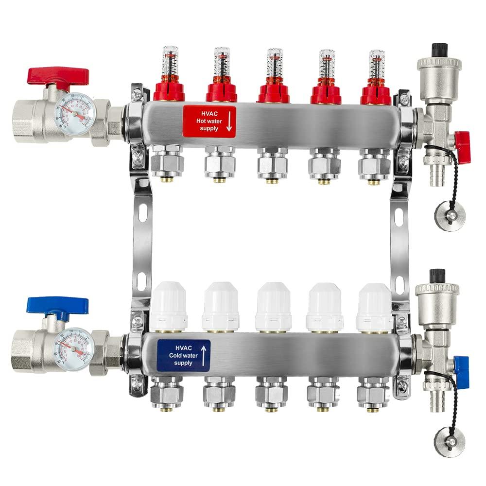 7 Loop PEX/Radiant Manifold, PEX Tubing Radiant Heat Manifolds with Compatible Outlets, for Hydronic Radiant Floor Heating (Include 1/2'' adapters).