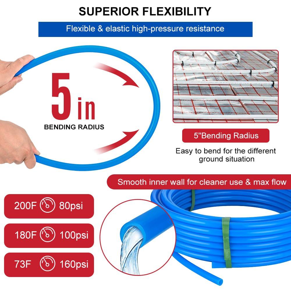 EFIELD 1/2-inch 2 x100 ft Pex-A Tubing/Pipe （All in One） Red & Blue 200 ft， 30 PCS 1/2" Brass Expansion pex Fittings- Elbow Tee Coupler (30 PCS), 1/2' Expansion Rings (100 Pcs), Pipe Cutter (1/2-inch).