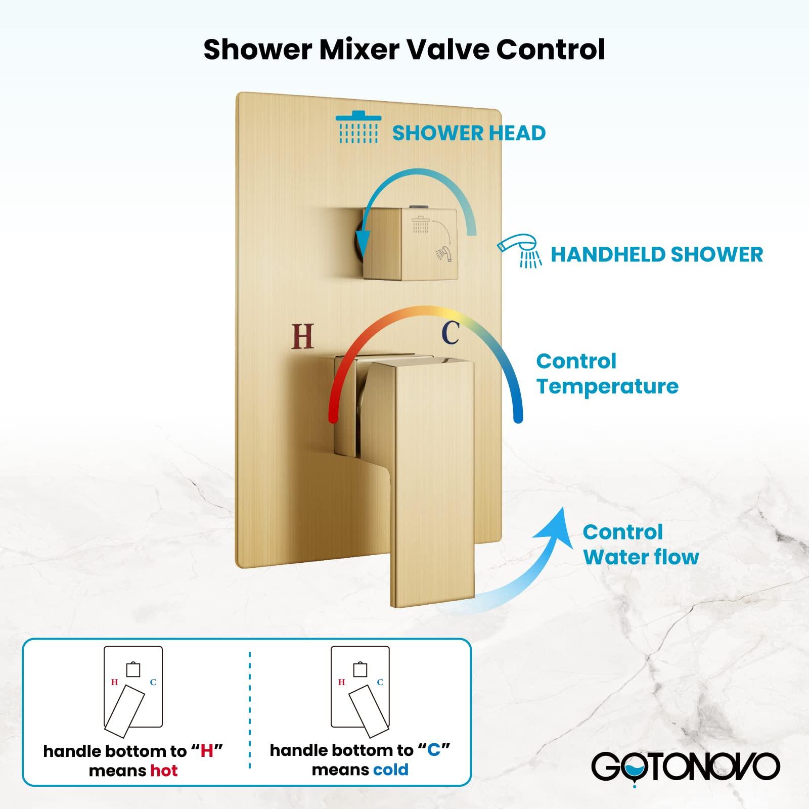 gotonovo Rainfall Bathroom Shower System Rain Shower Head and Handle Set Wall Mounted Shower Complete Combo Solid Brass Pressure Balancing Shower Mixer Valve 10 Inch Matte Black