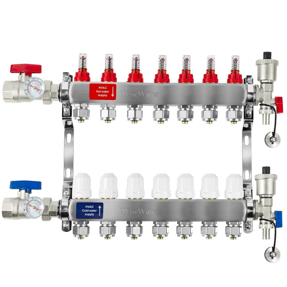 7 Loop PEX/Radiant Manifold, PEX Tubing Radiant Heat Manifolds with Compatible Outlets, for Hydronic Radiant Floor Heating (Include 1/2'' adapters).