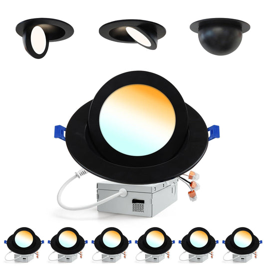 Recessed Lighting 6 inch, 360°+90° Adjustable 6 inch 5CCT Gimbal Black Led Recessed Lighting, 2700K-5000K Dimmable Retrofit Eyeball Can Recessed Lights with Jbox, ET（Black, SMD,6 Pack）.