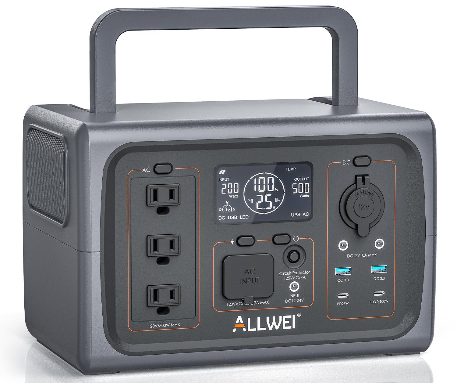 ALLWEI Portable Power Station 300W(Surge 600W), 280Wh Solar Generator with 120V AC Outlet, 78000mAh Backup Lithium Battery Generator for CPAP Outdoor RV Camping Emergency Home Use