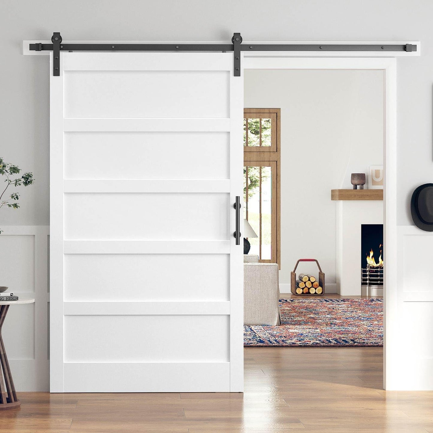 30x84 Inch White Sliding Barn Door Slab with 5.5ft Hardware Kit Included, 5-Panel, MDF Wood Panel Covered with Water-Proof Scratch-Proof PVC Surface, Simple DIY Assembly.