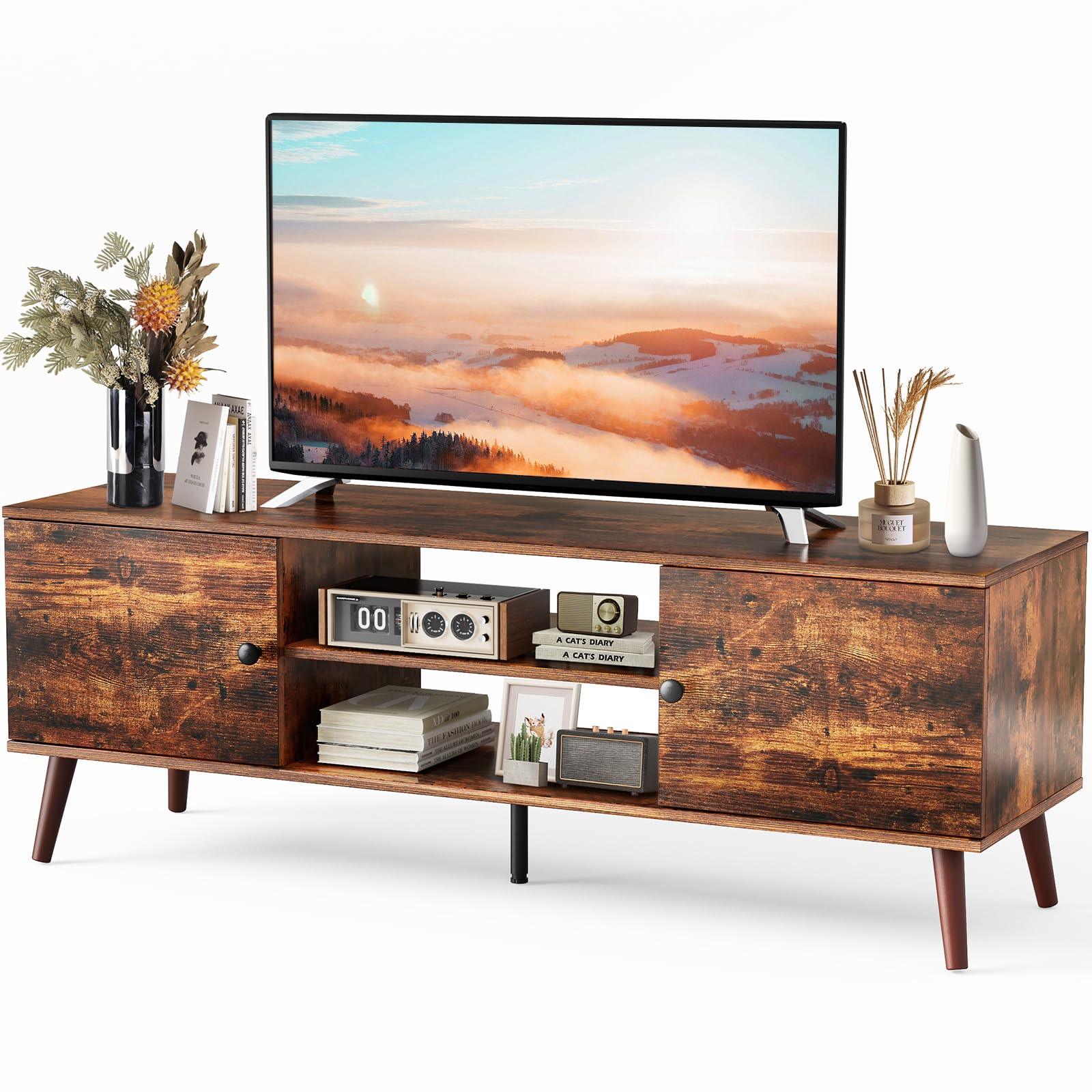 Sweetcrispy TV Stand for 55 60 inch TV, Modern Mid Century Entertainment Center with Storage, Media Console Table 2 Cabinet, Soft Hinge, Handle Door, Wooden Living Room, Office Furniture, Rustic Brown.