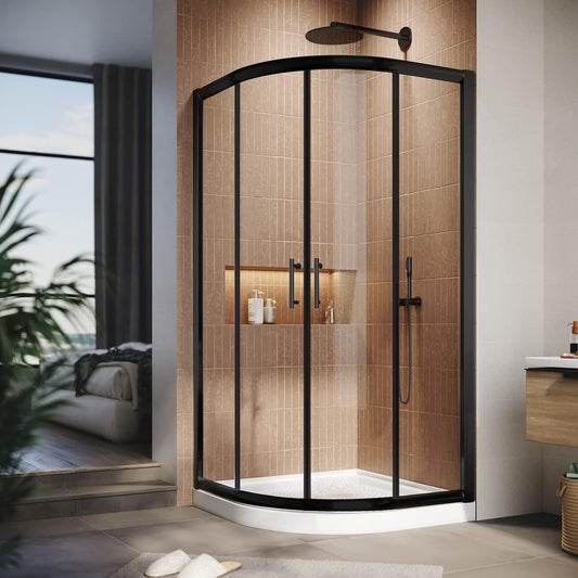 SUNNY SHOWER Double Sliding Shower Door 36.7 in. D x 36.7 in. W x 72 in.H Round Corner Shower doors with 1/4 in. Clear Glass Framed Shower Enclosure with Black Finish with Shower Base.