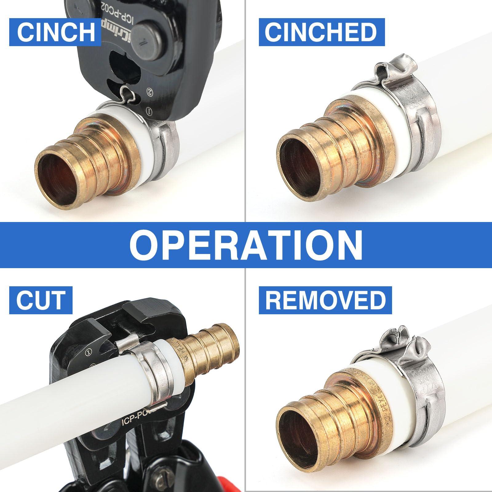 iCrimp PEX Clamp Tool Kit for 3/8-in, 1/2-in, 3/4-in, 1-in PEX Clamp Cinch & Removal, c/w 1/2''(20 Pack) and 3/4''(10 Pack) PEX Clamp Rings, PEX Tubing Cutter