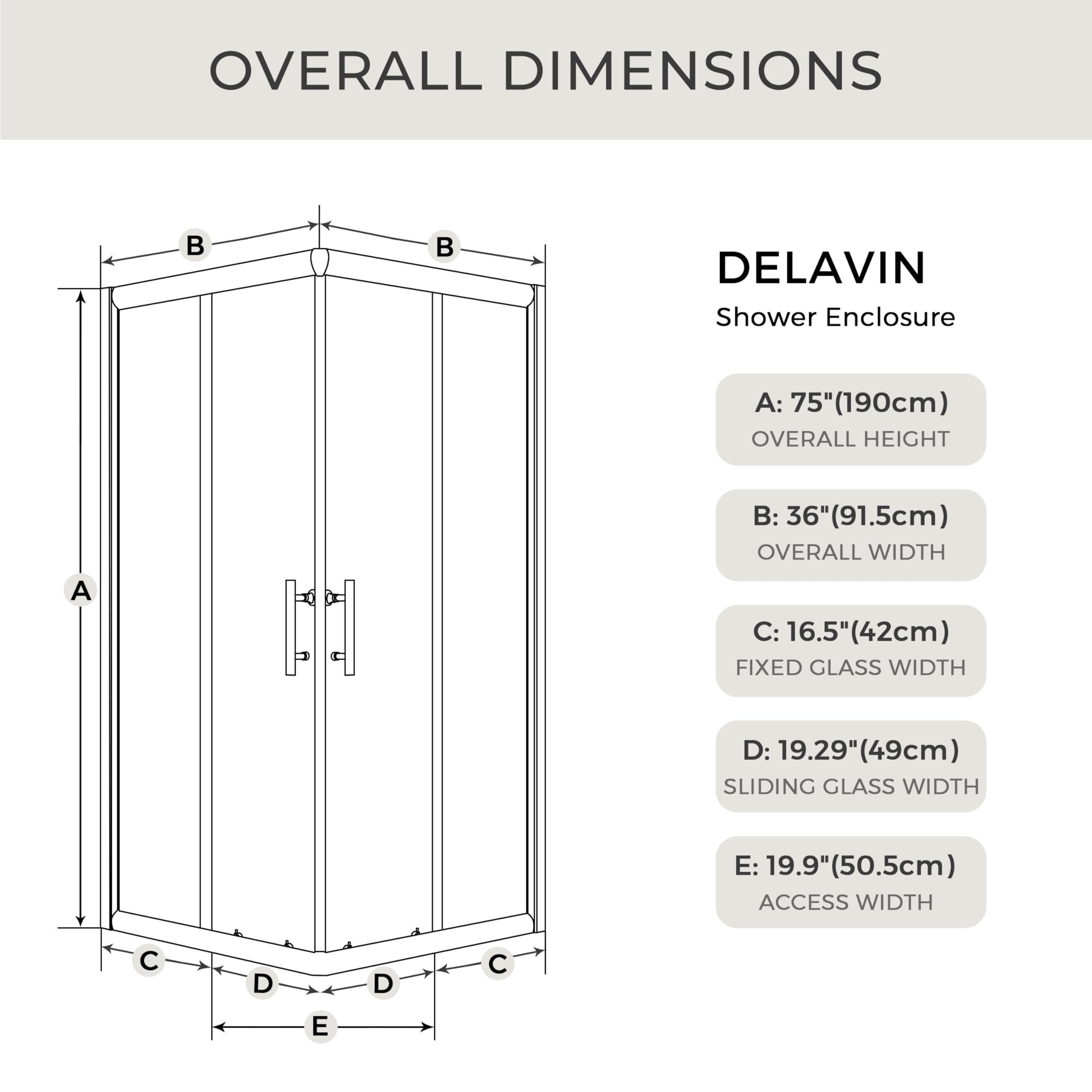 DELAVIN 36.in W x 36.in L x 75.in H Shower Enclosure, SGCC Clear Tempered Double Sliding Shower Door with Explosion-Proof Film, Corner Shower Glass Enclosure In Matte Black (Shower Base Not Included).