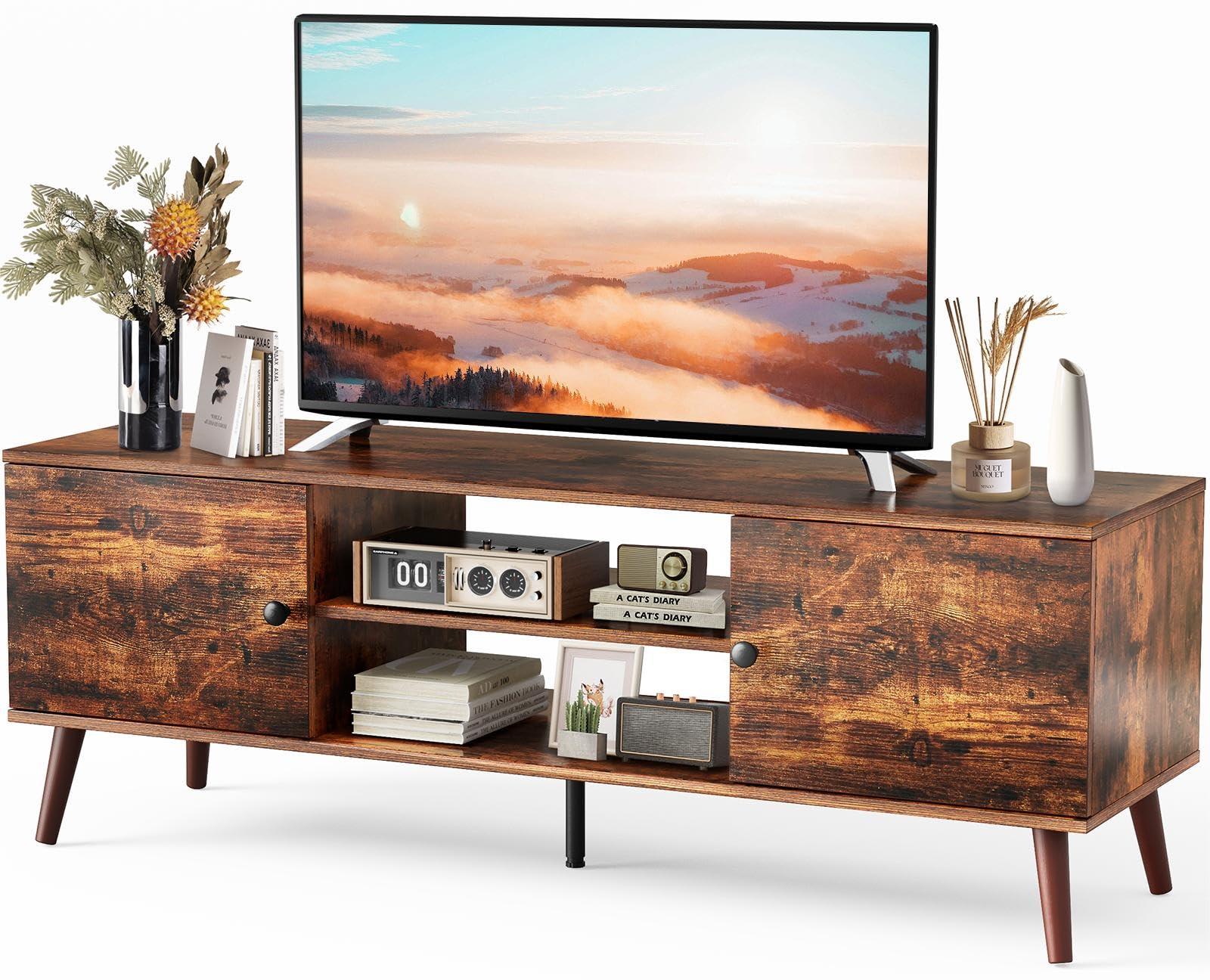 Sweetcrispy TV Stand for 55 60 inch TV, Modern Mid Century Entertainment Center with Storage, Media Console Table 2 Cabinet, Soft Hinge, Handle Door, Wooden Living Room, Office Furniture, Rustic Brown.