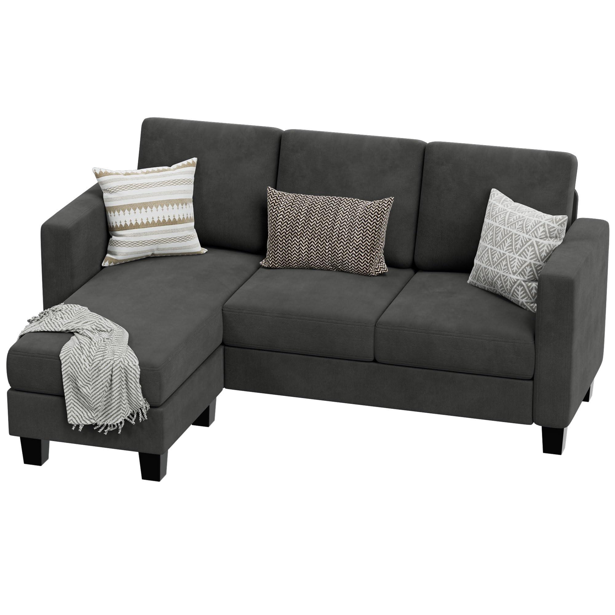 VICTONE Convertible Sectional Sofa Couch, 3 Seat L-Shaped Sofa with Linen Fabric Ottoman Small Couch for Small Apartments, Living Room and Office (Dark Gray).