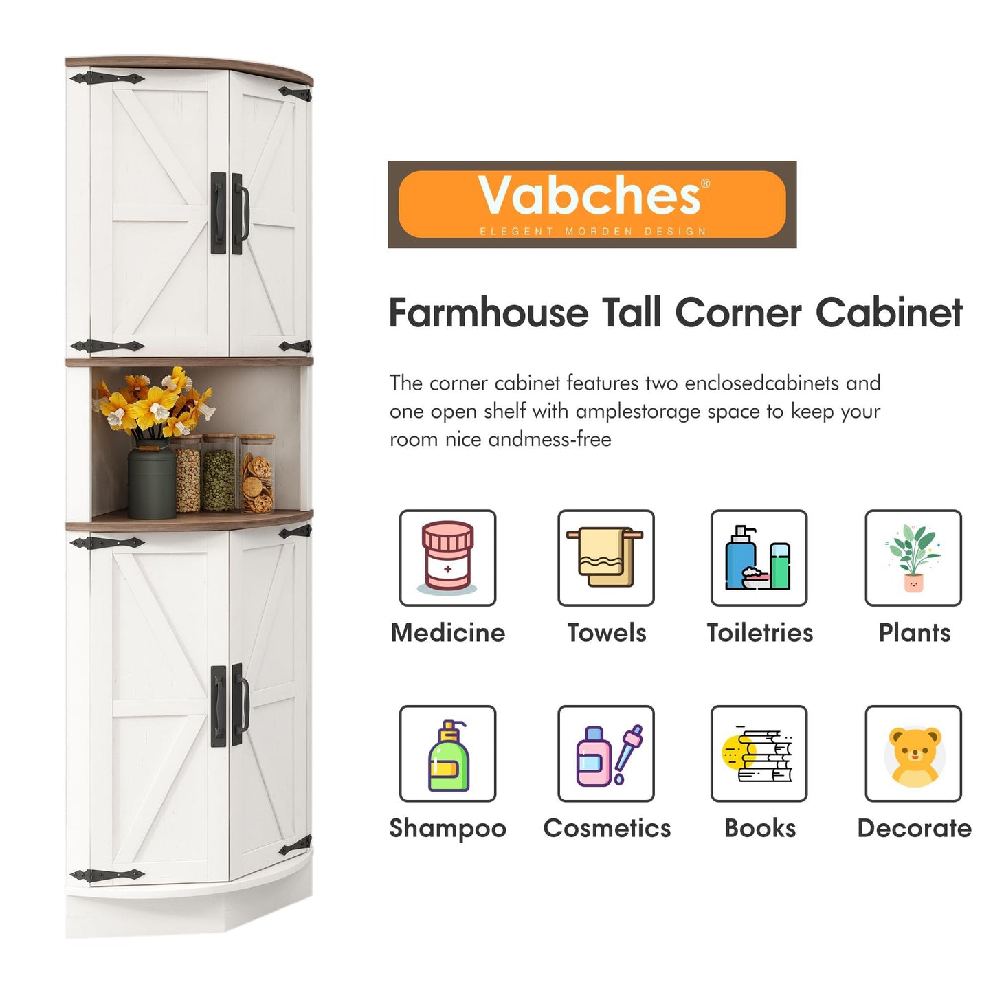 Vabches 64.8" Tall Farmhouse Corner Cabinet with 4 Doors and 5 Storage Shelves, Farmhouse Storage Cabinet with Barn Door Design, Home Space Saver for Living Room, Kitchen, Laundry Room,White.