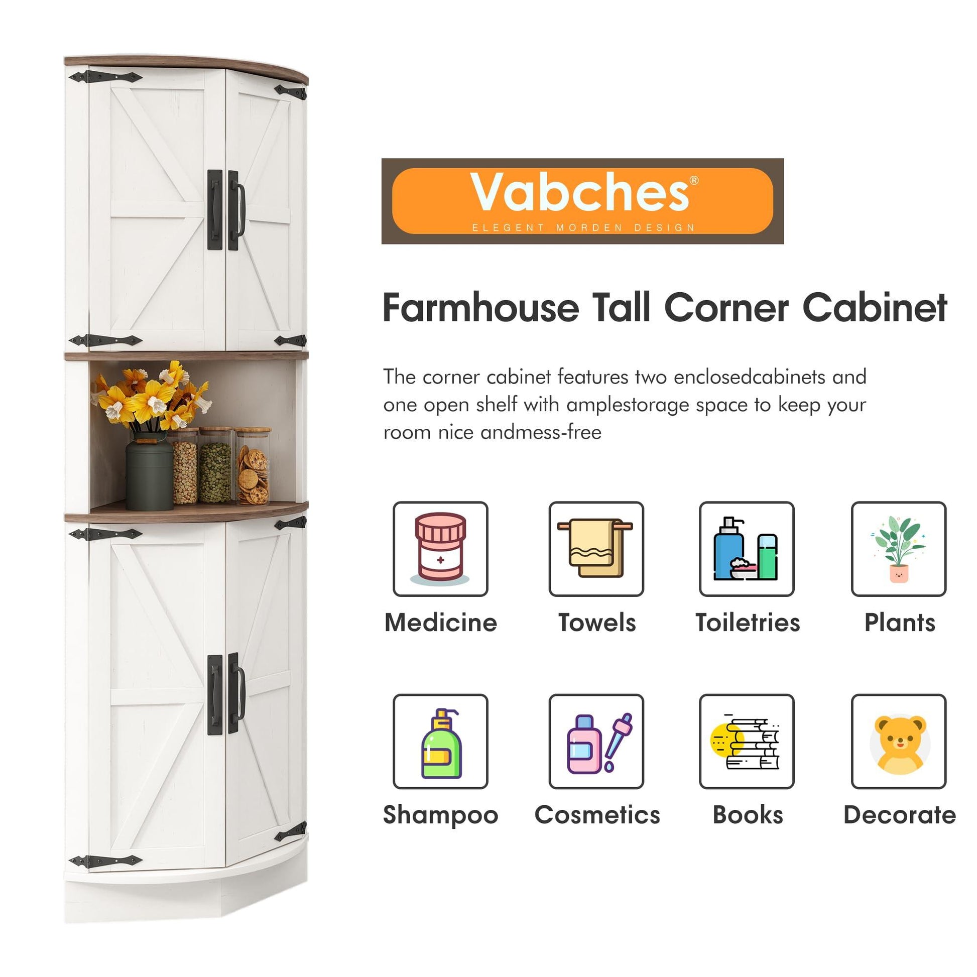 Vabches 64.8" Tall Farmhouse Corner Cabinet with 4 Doors and 5 Storage Shelves, Farmhouse Storage Cabinet with Barn Door Design, Home Space Saver for Living Room, Kitchen, Laundry Room,White.