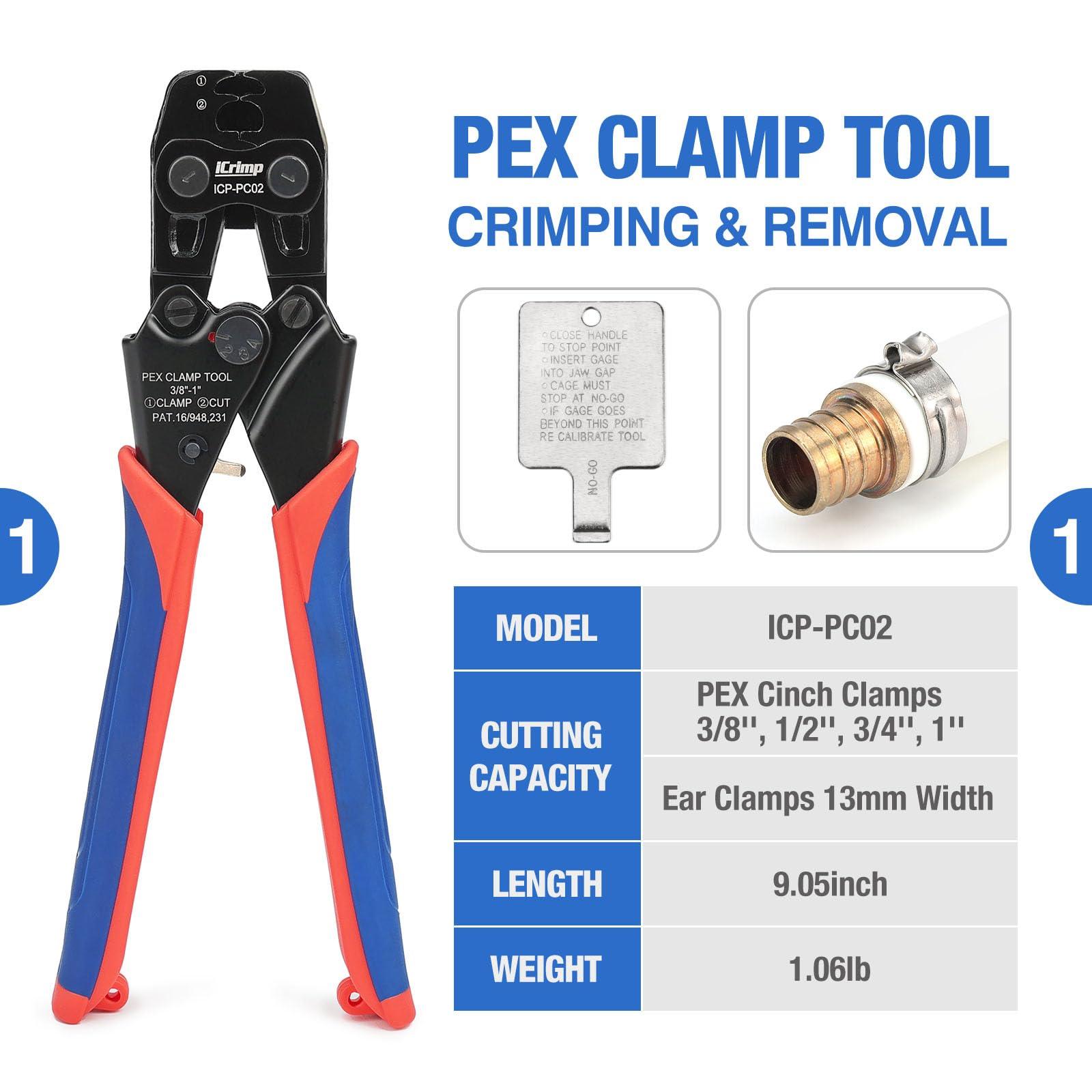 iCrimp PEX Clamp Tool Kit for 3/8-in, 1/2-in, 3/4-in, 1-in PEX Clamp Cinch & Removal, c/w 1/2''(20 Pack) and 3/4''(10 Pack) PEX Clamp Rings, PEX Tubing Cutter