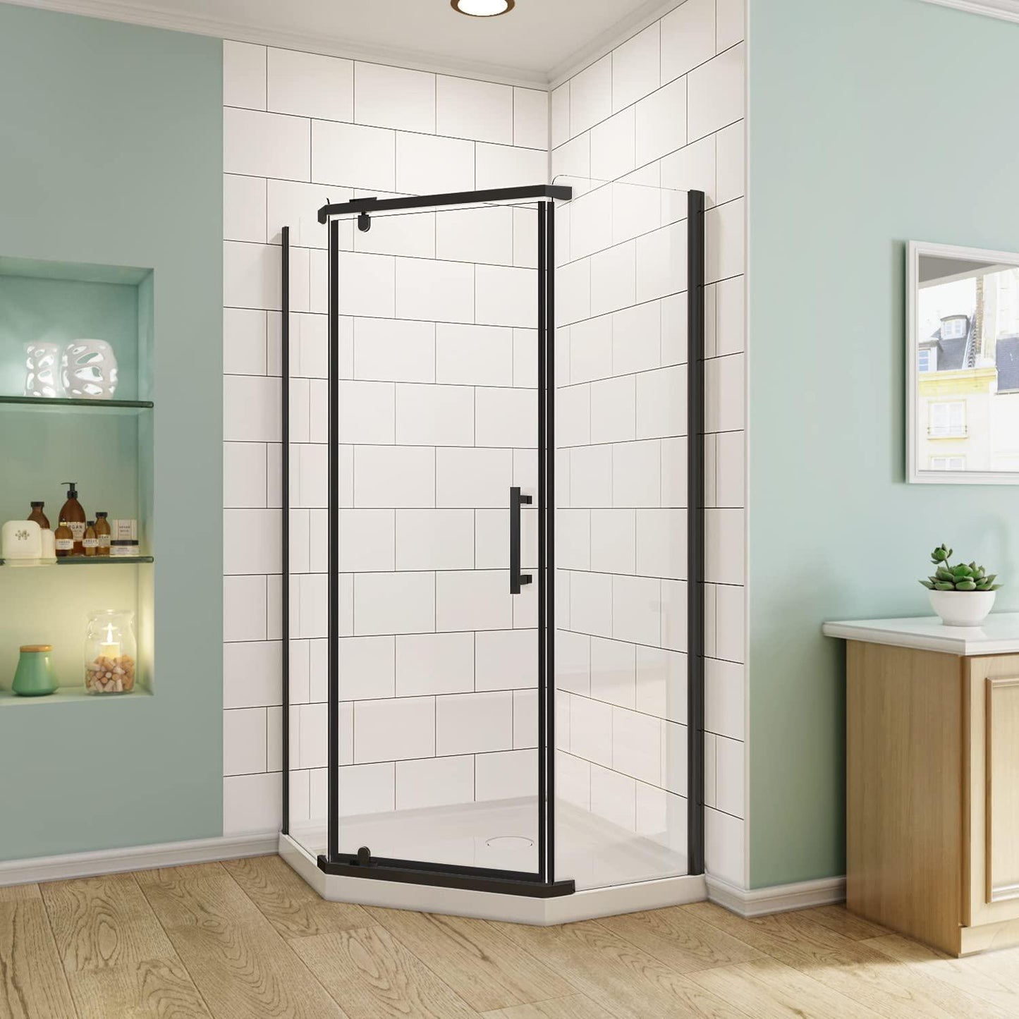 SUNNY SHOWER Double Sliding Shower Door 36.7 in. D x 36.7 in. W x 72 in.H Round Corner Shower doors with 1/4 in. Clear Glass Framed Shower Enclosure with Black Finish with Shower Base.